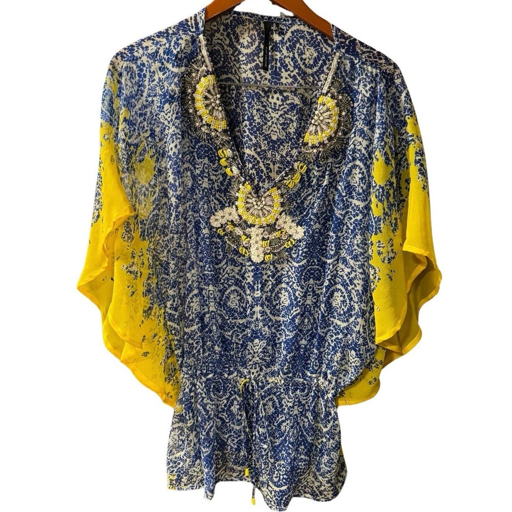 Kay Celine Women’s S Small Blue Beaded Short Flutter Sleeve Blouse Sheer Top